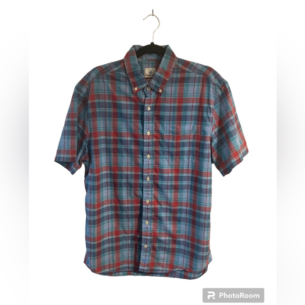 Johnnie-O Hangin’ Out blue/red plaid short sleeve button down shirt. Large